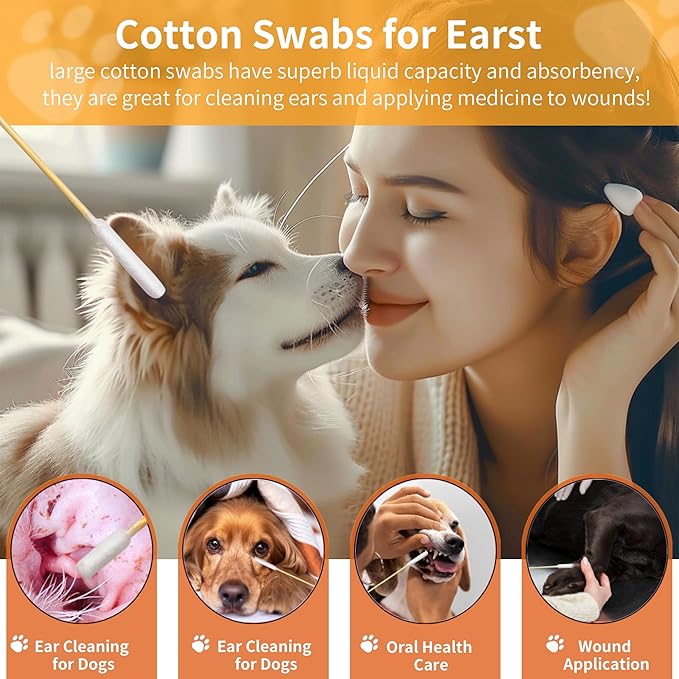 200 PCS 6 Inch Long Cotton Swabs in Box - Professional Large Cotton Swabs with Bamboo Handle - Double Sided Dog Ear Swabs - Specially Designed Big Cotton Swabs for Dog Ear, Cleaning Solution-PawvioPets