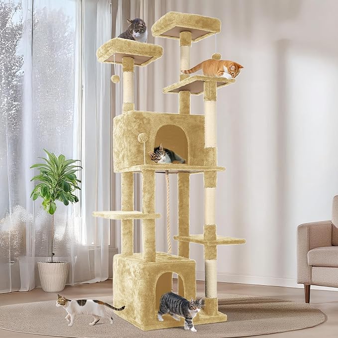 69in Large Cat Tree Tower for Indoor Cats with Soft Plush Hang Ball, Two Condos, Sisal Scratch Posts & Rope Play for Kittens/Adult Cats, Beige-PawvioPets