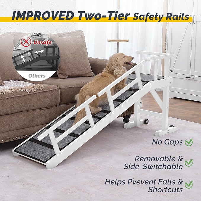 Dog Ramp for Bed or Couch, Wooden Pet Ramp with 20° Gentle Slope, Removable Side Rails, Non-Slip Surface, Top Platform & Wheels, Safe Bed Ramp for Small, Medium & Senior Dogs, 60" Long, White-PawvioPets