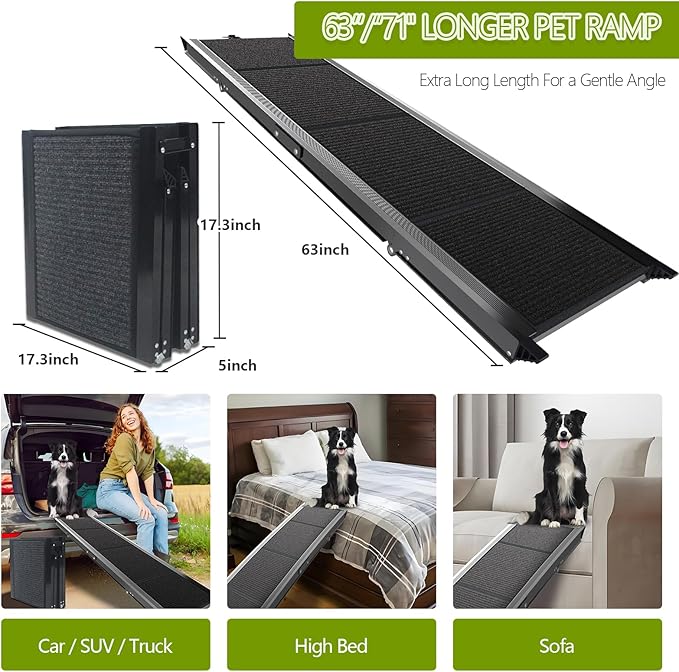 Dog Ramp for Cars SUV Truck-17.3x71in Heavy Duty Foldable Wide Outdoor Pet Stairs with Non-Slip Surface Portable Folding Design for Large Dogs Up to 250lbs (63" L x 17.3" W)-PawvioPets