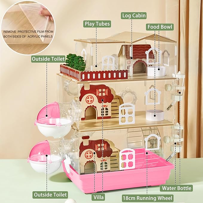 17 in 1 Clear Acrylic Hamster Cage with All Accessories,13.5''L* 10''W* 21''H Dwarf Hamster Cage,Magnetic Connection Small Hamster Enclosure,Garden Style Wooden Mouse Cage for Pet Mice(3-Layer,Pink)-PawvioPets