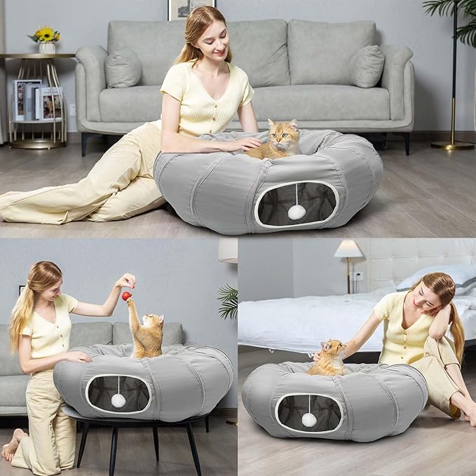 AUOON Cat Play Tunnel - Round Cat Tunnel with Bed | Interactive Cat Toys for Indoor Cats Kitten Kitty Puppy Rabbit Ferret (Light Grey)-PawvioPets