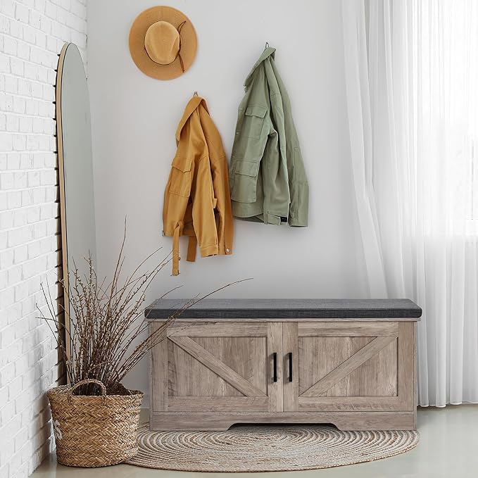2-Tier Storage Bench, Shoe Bench with Padded Seat Cushion, Entryway Bench with 2 Barn Doors, Adjustable Shelf, 13.8" D x 39.4" W x 17.7" H, for Entryway, Living Room, Bedroom, Greige-PawvioPets