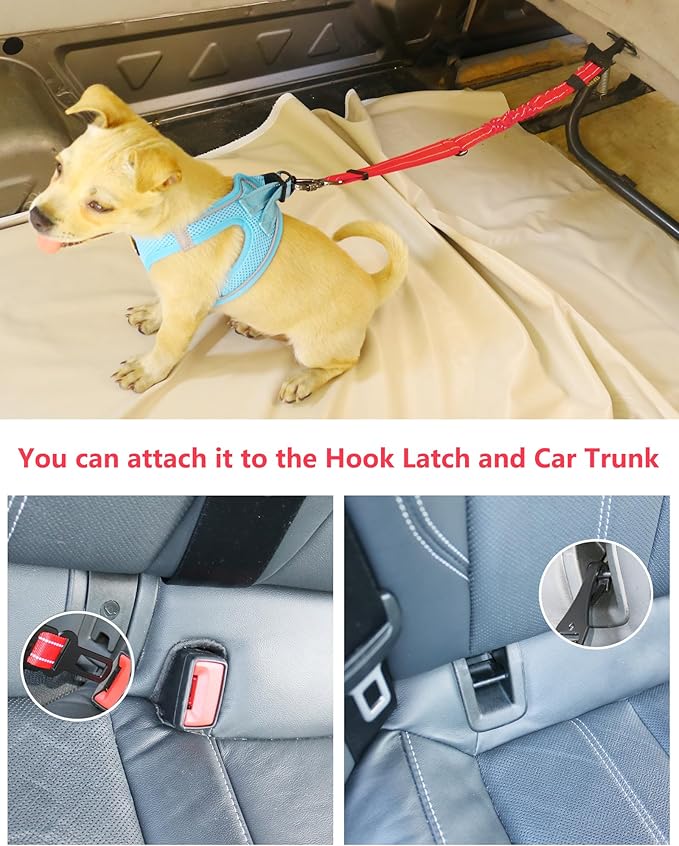 AUBELL Dog Seat Belt for Car,Updated 3-in-1 Adjustable Reflective Bungee Heavy Duty Dog Car Harness Tether with Clip Hook Latch & Buckle,Swivel Zinc Alloy Carabiner,Red-PawvioPets