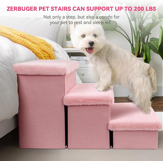 Dog Stairs with Furry Lids 18" H, 3-Step Wider Dog Steps with Storage for Small/Medium/Large Dogs Cats, Folding Sturdy Pet Stairs Climbing Bed or Sofa, Ramp for Car Hold Up to 200 lbs, Pink-PawvioPets