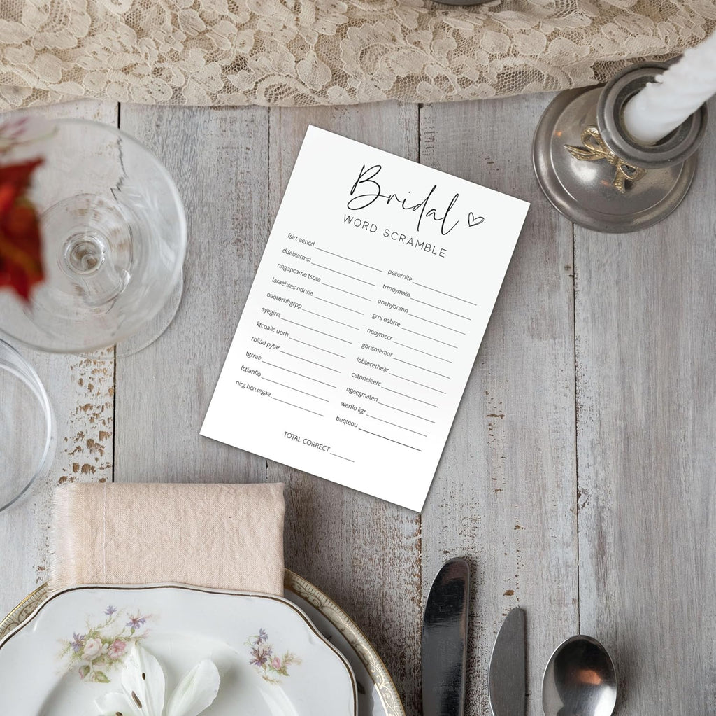 Bridal Shower Games, Word Scramble, 25Pcs Minimalist White Double-Sided Bridal Game Cards with 1 Answer Key, Wedding Shower Games for Guests, Engagement Bachelorette Party Supplies - A01
