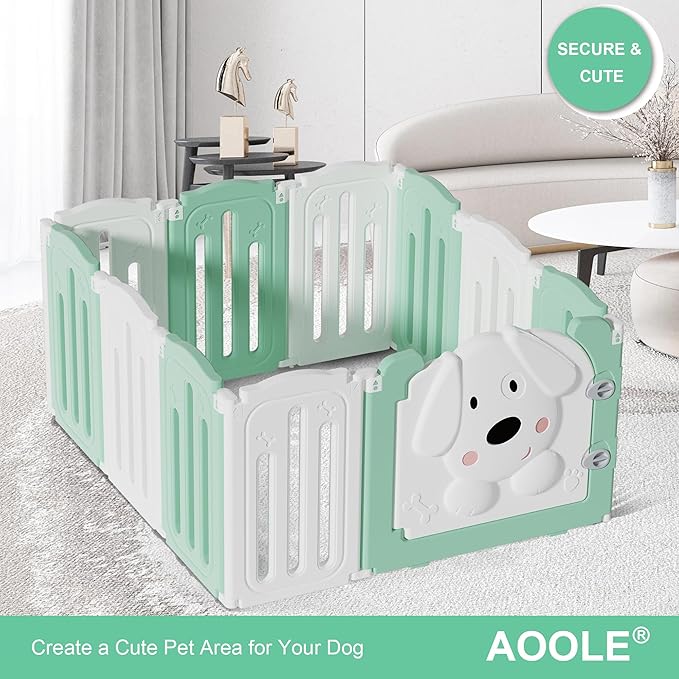 Foldable Dog Play Pen Indoors, Non-Slip Sturdy Puppy Playpen with Door, 25.5" H 10-Panel Adjustable Shape Dog Fence Pen for Small/Medium Dogs, Thickened, Easy to Store, White+Green-PawvioPets