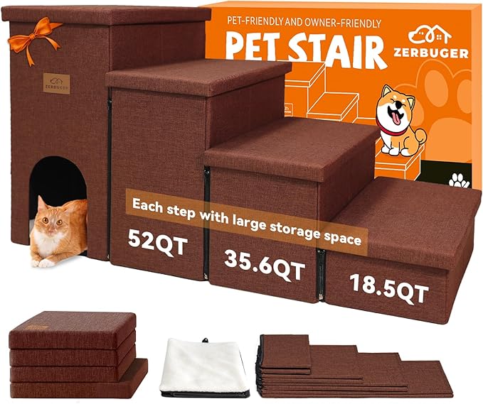 Dog Stairs with Condo 23" H, 4-Step Wider Dog Steps for High Beds Window, Folding Storage Pet Stairs Gift for Small/Medium/Large Old Dogs Cats, Ramp for Climbing Car Hold Up to 200 lbs, Brown-PawvioPets