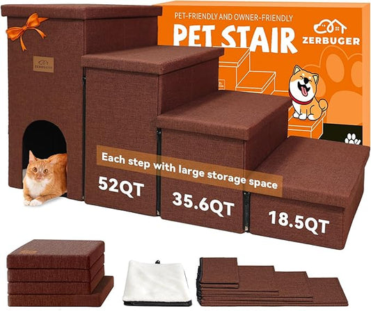 Dog Stairs with Condo 23" H, 4-Step Wider Dog Steps for High Beds Window, Folding Storage Pet Stairs Gift for Small/Medium/Large Old Dogs Cats, Ramp for Climbing Car Hold Up to 200 lbs, Brown-PawvioPets