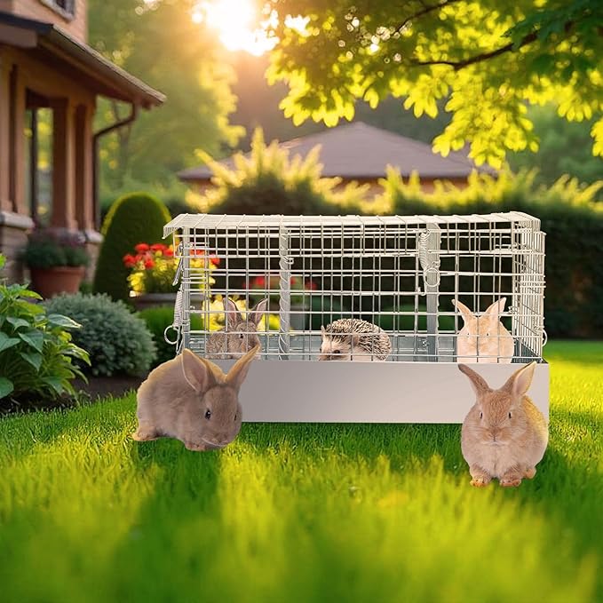 Folding Rabbit Cage, 18 x 12 x 10 in Portable Bunny Carrier with Tray and Handles for Transport, Travel or Temporary Housing, Indoor Outdoor Pet Habitat Animal Enclosure-PawvioPets
