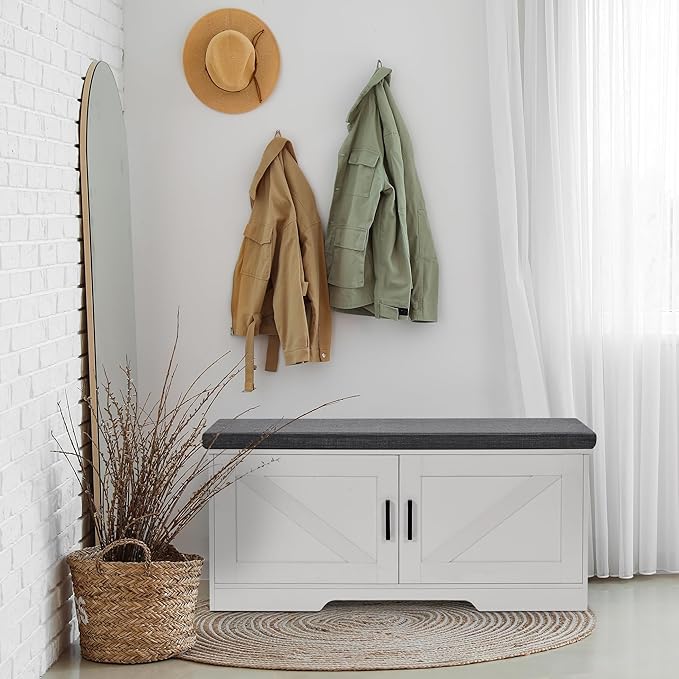 2-Tier Storage Bench, Shoe Bench with Padded Seat Cushion, Entryway Bench with 2 Barn Doors, Adjustable Shelf, 13.8" D x 39.4" W x 17.7" H, for Entryway, Living Room, Bedroom, White-PawvioPets