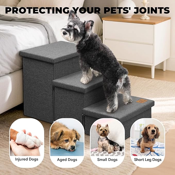 Dog Stairs with Storage 18" H, 3-Step Wider Dog Steps for Small/Medium/Large Old Dogs Cats, Folding Sturdy Pet Stairs Climbing Bed Couch, Ramp for Car Hold Up to 200 lbs (Dark Grey, No Condo)-PawvioPets