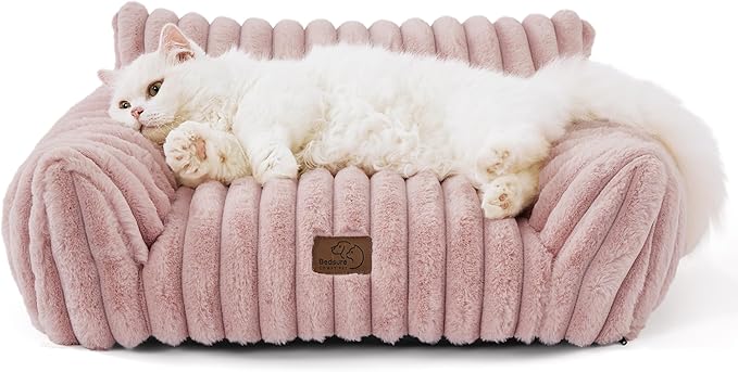 Bedsure Cute Cat Couch for Pets - Fluffy Cat Sofa with Premium Soft Corduroy Fleece, Fuzzy Pet Couch Bed with Removable Washable Cover, Supportive Chair for Indoor Cats, 24inch, Blush Pink-PawvioPets