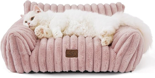 Bedsure Cute Cat Couch for Pets - Fluffy Cat Sofa with Premium Soft Corduroy Fleece, Fuzzy Pet Couch Bed with Removable Washable Cover, Supportive Chair for Indoor Cats, 24inch, Blush Pink-PawvioPets