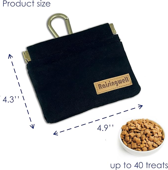 Dog Treat Pouch, Black Pocket Sized Pet Training Pouch, Cotton Fabric, Hand Free Dog Walking Bag with Carabiner, Self-Closing Pet Feed Snack Reward, for Pet Puppy Travel or Outdoor Use-PawvioPets