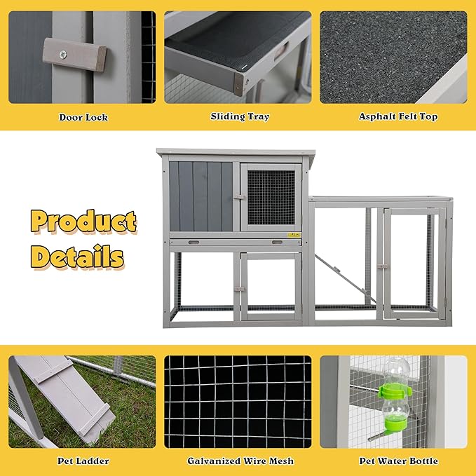 Assembled Wooden Indoor & Outdoor Rabbit Hutch, 2 Story Small Animal House Habitat, Durable Pet Bunny House Cage with Cleaning Tray, for Bunny Chick Duck Hamster (Grey)-PawvioPets