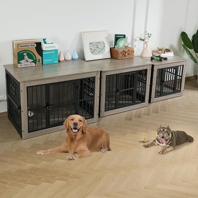 Gardner Pet Dog Crate Furniture for Medium Dogs, 32.7 Inch Dog Kennel Indoor, Wooden Dog Cage End Table with 2 Removable Bowls, Heavy Duty Dog Crate, Rustic Grey-PawvioPets