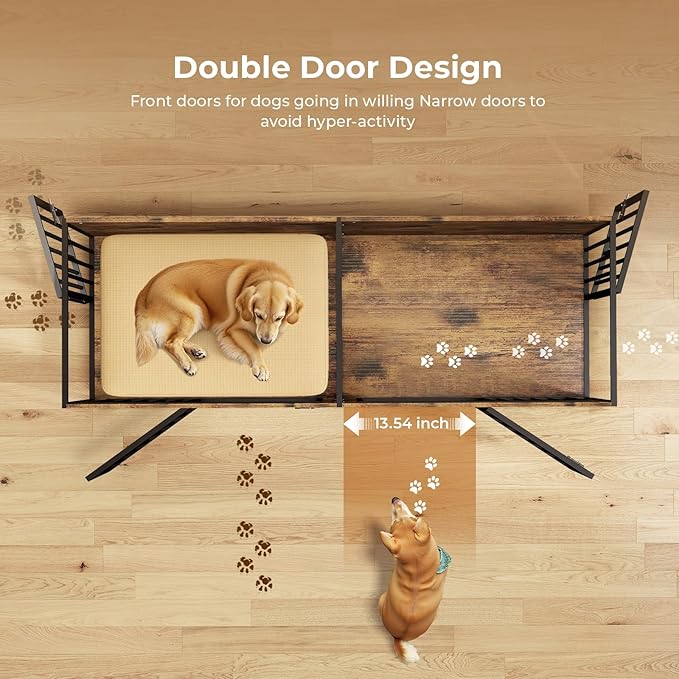 78 Inch Dog Cage Furniture for 2 Large/Medium Dogs with Removable Divider, Extra Large Double Doors Dog Kennel, XXL Thick Wooden Dog cage Furniture, Durable and Sturdy, Brown-PawvioPets