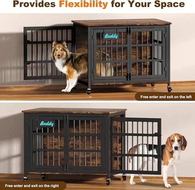 EasyCom 41"/33"/27" Dog Crate Furniture with Name Tag, Heavy Duty Dog Kennel Indoor for Medium Dogs, Double-Doors Sturdy Metal Dog Cage for Anxiety Dog, Decorate House as TV Stand, End Table-PawvioPets