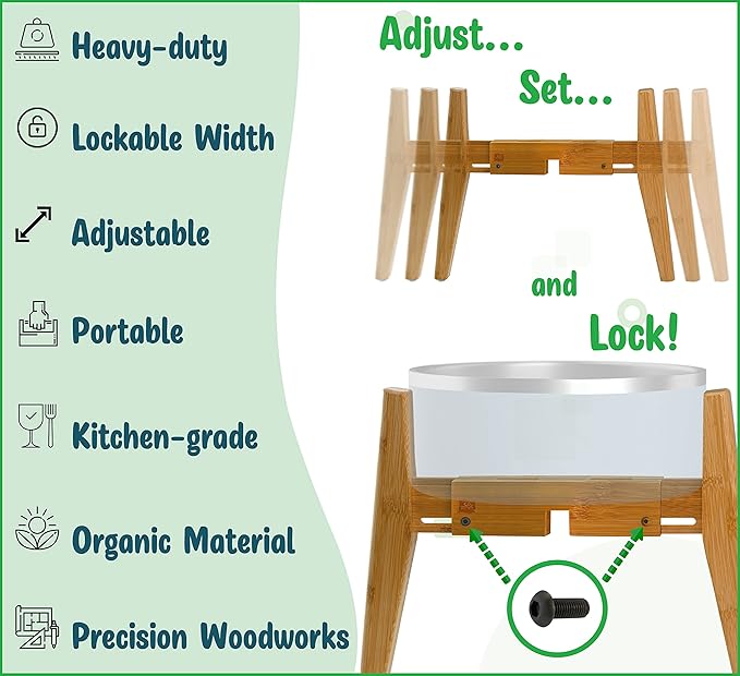 Dog Bowl Stand (12-inch High) - Ideal for Large Breeds - Adjustable Sideways, Slanted Feet - Elevates, Raises Pet Food Feeders, Water Dishes, Fountains, Dispensers - Bamboo Stand Only-PawvioPets