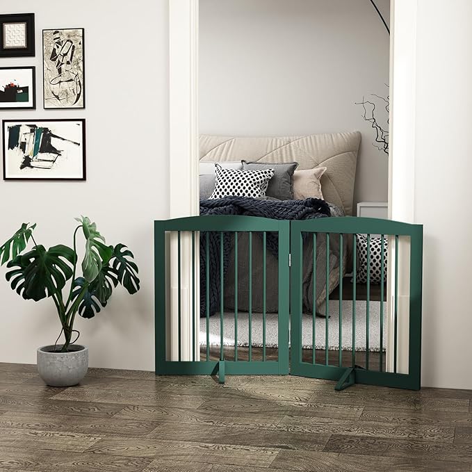 Freestanding Pet Gate for Dogs, Foldable Wooden Dog Gate for House, Stairs, Doorways, Step Over Pet Puppy Safety Fence,Support Feet Included,24" Height 2 Panels, Green-PawvioPets