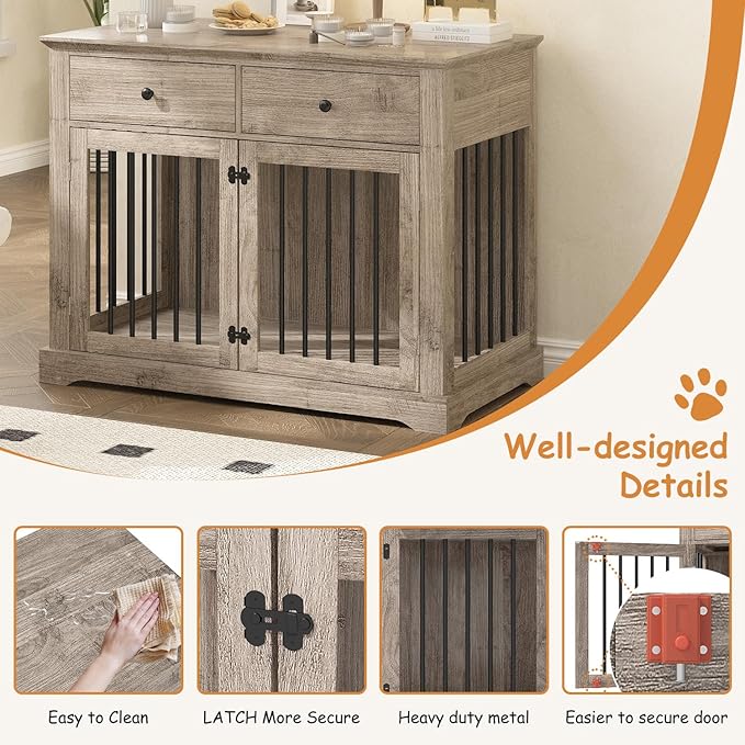 Dog Crate Furniture, 44 Inch Wooden Dog Kennel Indoor with 2 Storage Drawers, Heavy Duty Large Crate Furniture, Decorative End Table Cage Furniture for Small/Medium/Large (Grey)-PawvioPets