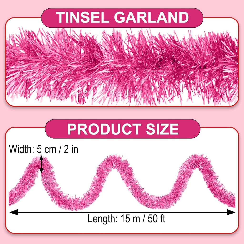 50 Feet Pink Christmas Tinsel Garland, Metallic Foil Twist Garland Wall Hanging Tinsel Banner Backdrop for Parade Floats, Easter, Mother's Day, Wedding Party Decorations (2in x 50ft)