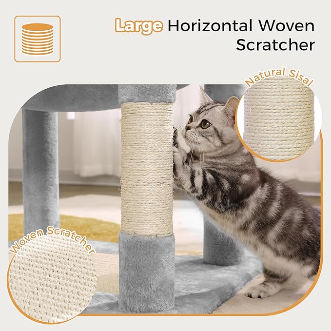 72” Cat Tree for Large Cats Big Cat Tower with Enlarged Hammock 21.6x17.7” Spacious Cats Condo House and Roomy Top Bed and Multiple Scratch Posts for Indoor Adult Cats (Grey, XLarge-72)-PawvioPets