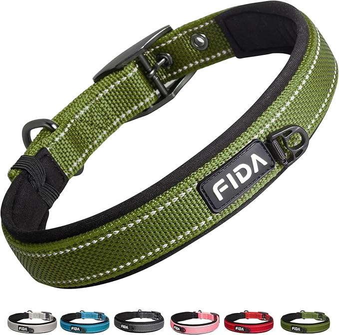 Fida Heavy Duty Dog Collar for Medium Dogs, Ultra Comfortable Soft Neoprene Padded, Adjustable Reflective Nylon Pet Collar with Durable Metal Belt Buckle for Medium Breeds (M, Green)-PawvioPets