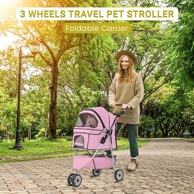 3-Wheels Pet Strolling Cart for Small Medium Dogs and Cats with Storage Basket,Holder, Foldable Pet Stroller with Waterproof Cover, Breathable Mesh for All-Season, Pink-PawvioPets