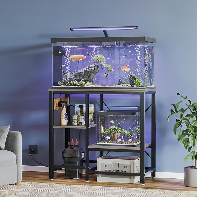 20-29 Gallon Fish Tank Stand with Power Outlets, 30.7 x 13.8 Metal Aquarium Stand with 3-Tiers Adjustable Storage Shelves, 6-Legs Reptile Terrarium Stand, 400 LBs-PawvioPets