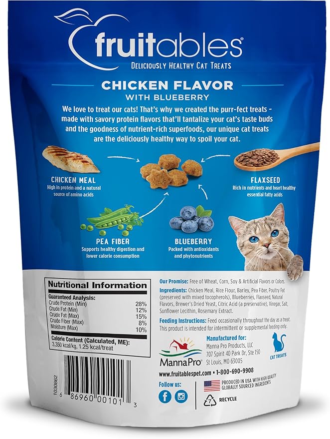 Fruitables Cat Treats Crunchy Cat Treats Packed with Protein Healthy Low Calorie Free of Wheat, Corn and Soy Made with Real Chicken and Blueberry 30 Ounces-PawvioPets