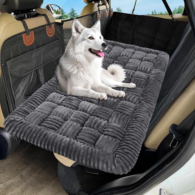 Dog Car Bed Mat, Non-Slip Backseat Extender Pet Blanket, Plaid Dog Bed for Trucks, Sedans & Large SUVs, Chew-Resistant Travel Pad for Dogs, Easy Clean & Scratch-Proof & Comfort（56"x28.7" Gray-PawvioPets