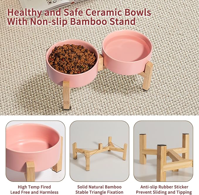 Elevated Ceramic Dog Bowl Set - Raised Feeding Bowls with Non-Slip Bamboo Stand - Small Pet Dishes for Food and Water - Ideal for Cats and Puppies - 16.23 OZ - 2 Cups - 480 ML-PawvioPets