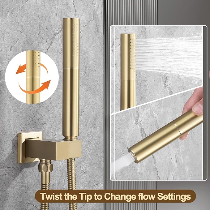 12 Inch Rain Shower System, Brushed Gold Shower Faucet Set with Push Button Diverter, 6 Inch Wall Mounted 3-Functions Bathroom Shower Systems with Dual-Function Handheld (Thermostatic, Gold Brushed)-PawvioPets