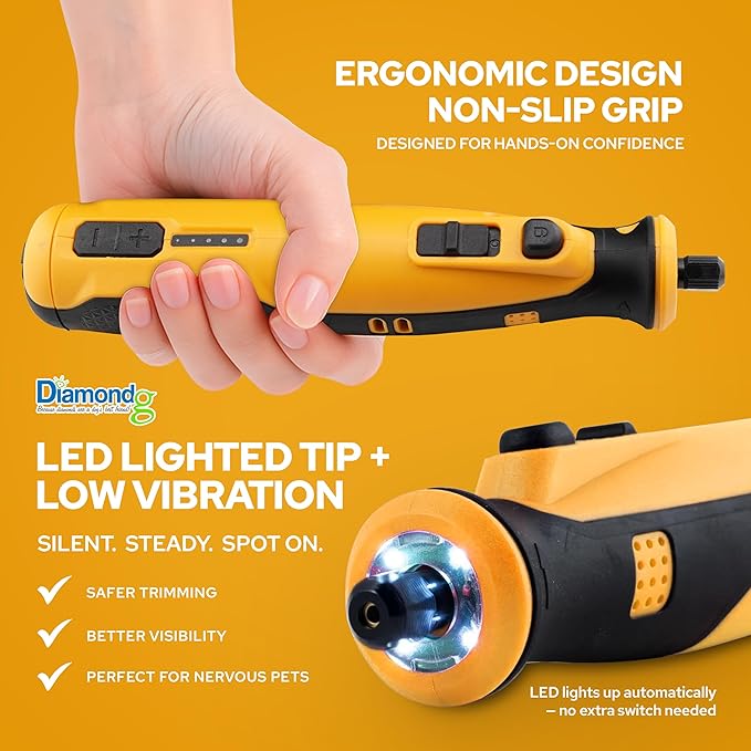 Diamondg Cordless Dog Nail Grinder with Quiet Sound & LED Tip for Large & Small Dogs, 4hrs. Runtime - Electric Dog Nail Trimmer, Heavy Duty Rotary Tool Alternative to Toenail Clippers & Filers-PawvioPets
