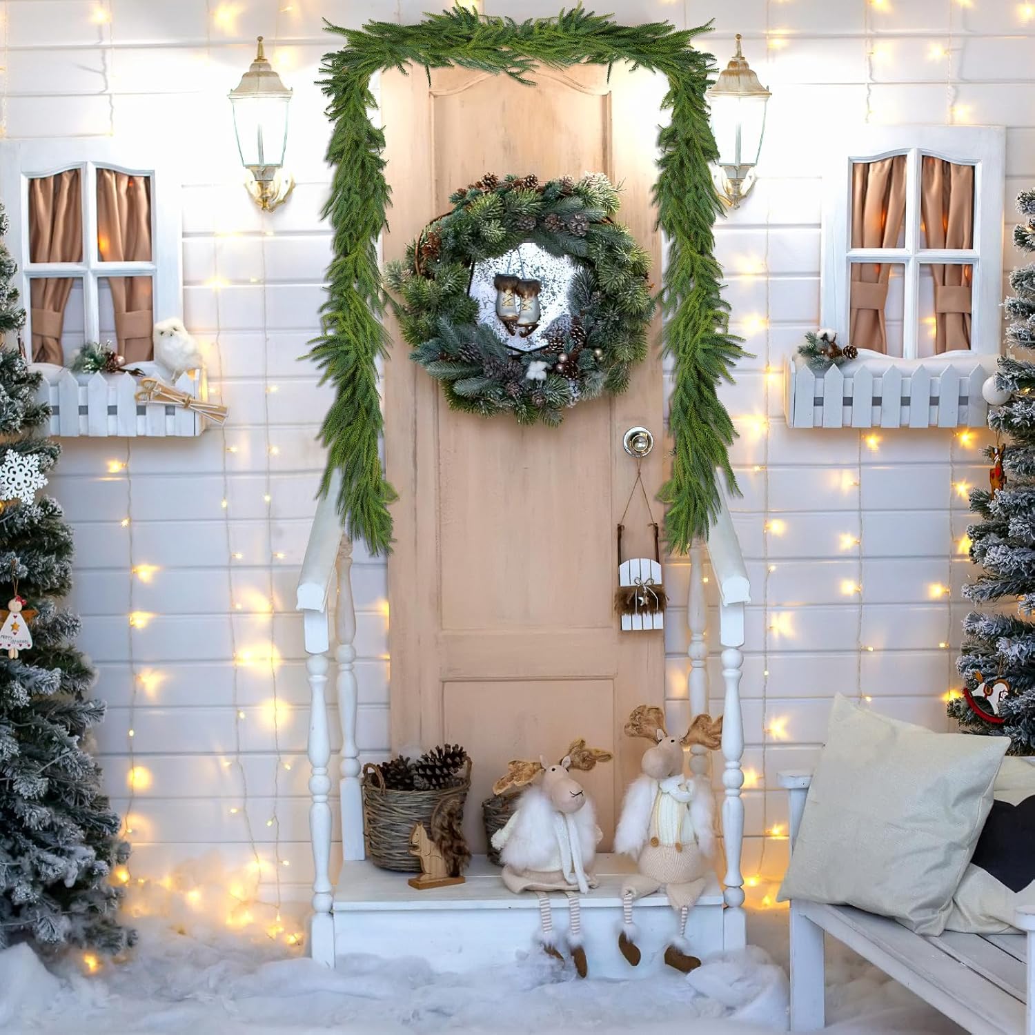 2 Pcs Artificial Norfolk Pine Garlands Christmas, 9 FT Dense Real Touch Winter Pine Garland Ornament, Green Artificial Greenery Garland for Table, Mantle, Wall, Indoor, Outdoor Christmas Decorations