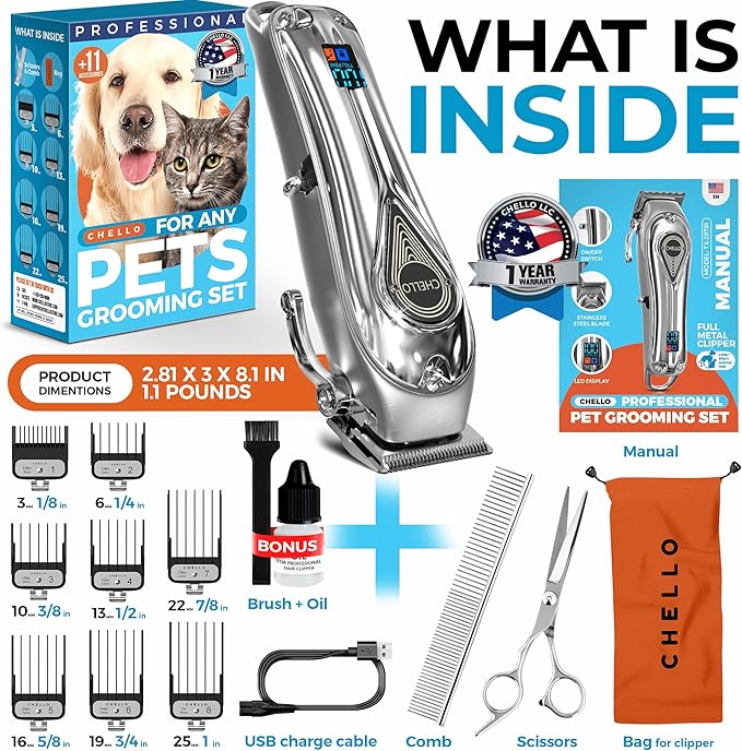 Full Metal Professional Dog Clippers for Grooming, Rechargeable, Low Noise Cordless, Pet Hair Clippers for Large Dogs, Heavy Duty Use with LED Display-PawvioPets