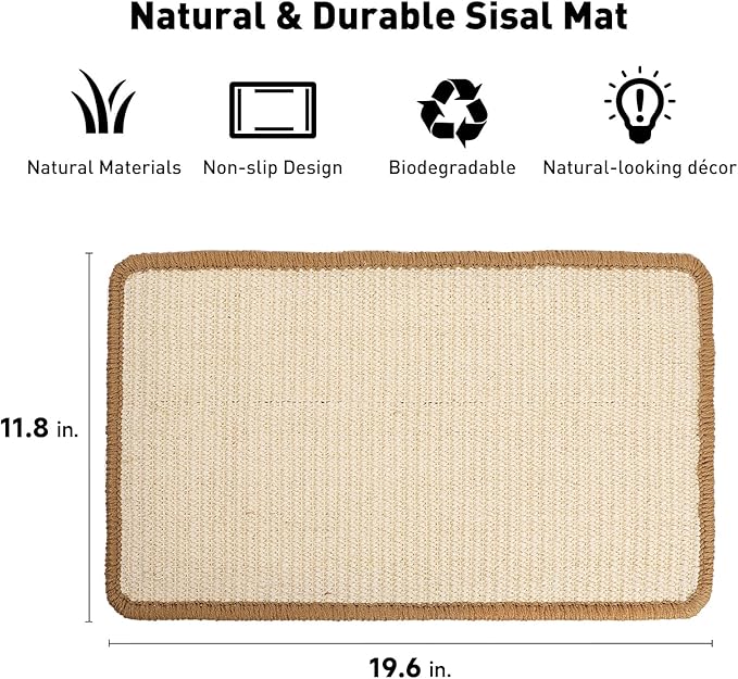 FUKUMARU Cat Scratcher Mat, 19.6 X 11.8 Inch Natural Sisal Cat Scratch Mats, Horizontal Cat Floor Scratching Pad Rug, Protect Carpets and Sofas - Beige-PawvioPets