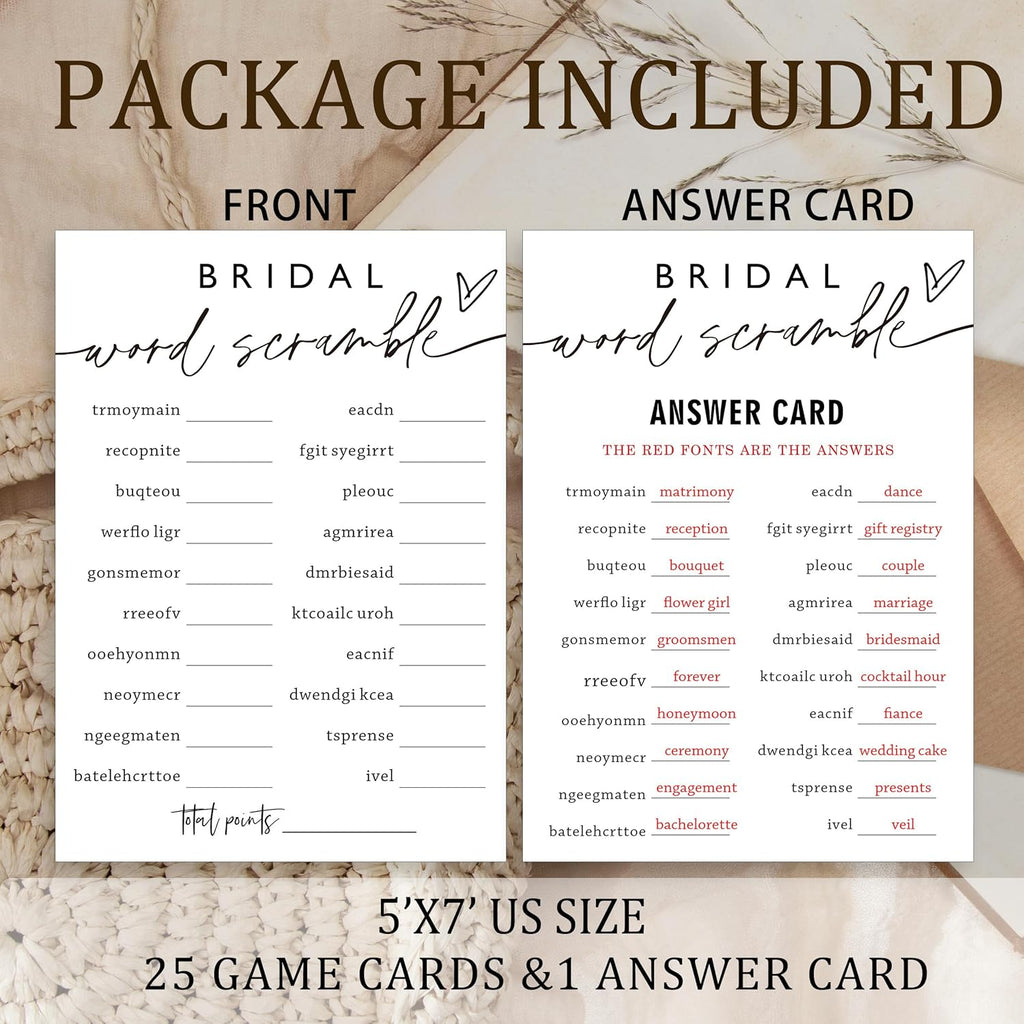 Fun Wedding Shower Games Bridal Word Scramble who knows the bride best 25 Game Cards with 1 Answer Card Bridal Shower Game Rustic Ideas Activity for Engagement Wedding Party Entertainment - A03