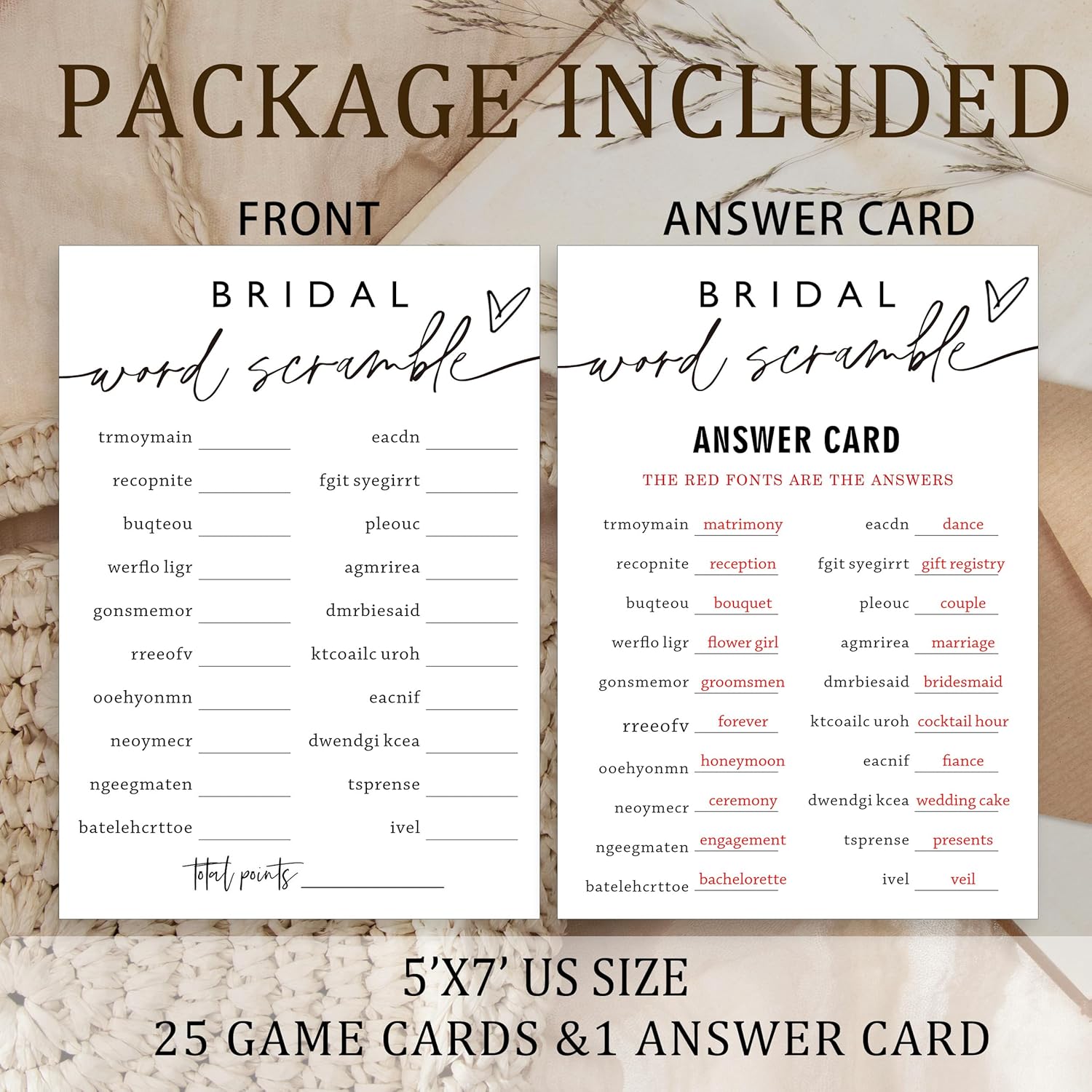 Fun Wedding Shower Games Bridal Word Scramble who knows the bride best 25 Game Cards with 1 Answer Card Bridal Shower Game Rustic Ideas Activity for Engagement Wedding Party Entertainment - A03