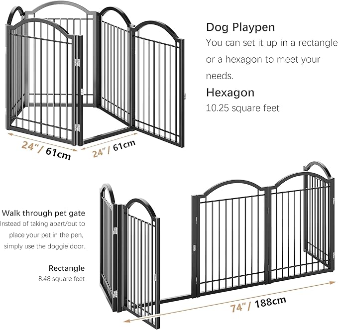 BHG Metal No-Assembly Freestanding Dog Gate with Door Walk Through, Extra Wide 120", Extra Tall 32" Pet Gate, Accordion Puppy Folding Playpen Dog Fence, with 2PCS Support (Black, 5 Panels)-PawvioPets