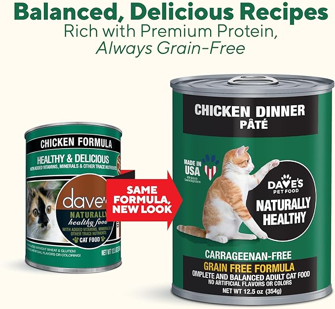Dave's Pet Food Grain Free Wet Canned Cat Food Pate(Chicken), Made in USA Naturally Healthy, Wheat & Gluten-Free, 12.5 oz Cans (12 Pack)-PawvioPets