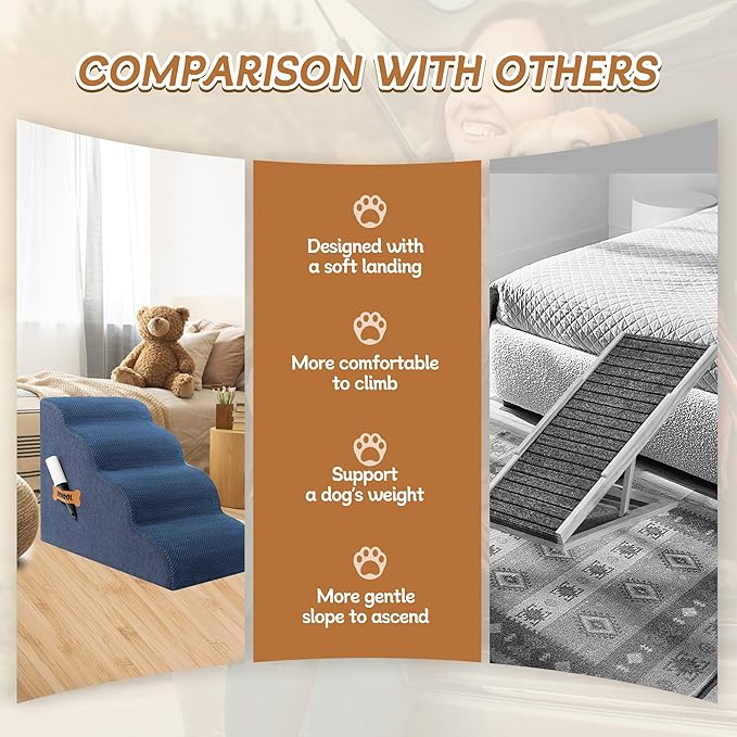 Dog Stairs, Romrol Dog Steps Ramp for High Bed and Couch, Dogs Ramp with Durable Non-Slip Waterproof Fabric Cover, Pet Stairs for Small Dogs and Cats or Pets Joints, 4-TiersDusty Blue-PawvioPets