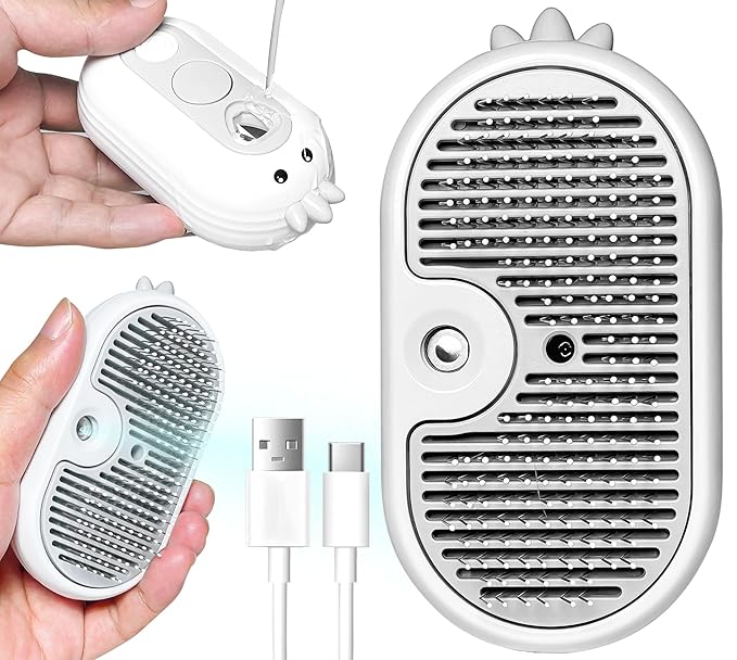 3-in-1 Rechargeable Steam Brush for Cats & Dogs - Anti-Static Spray Pet Grooming Brush with Warm Mist Massage, Hair Shedding Control, Detangling Comb & Cleaning Tool for Effective Deshedding-PawvioPets