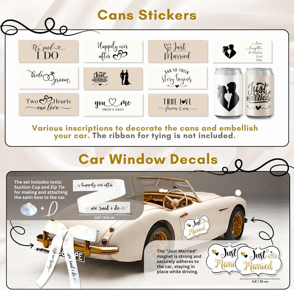 33 Pc Just Married Car Decorations – Wedding Reception & Ceremony Decor – Banners, Stickers & Balloons – Elegant Reusable Wedding Car Kit – Weather-Resistant & Easy to Apply – No Residue