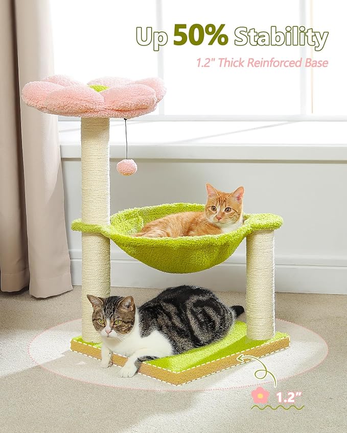 Flower Cat Tree, 28" Cat Tower with Cozy Flower Perch, Large Hammock for Indoor Small Cats, Cute Cat Tree with Sisal Scratching Post and Fur Toy Ball for Kittens, Pink-PawvioPets