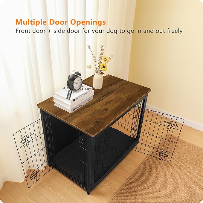 DWANTON Dog Crate Furniture with Cushion, Wooden Kennel Table with Double Doors, Indoor Dog House, Medium Size, 32.5" L, Black+Warm Brown-PawvioPets