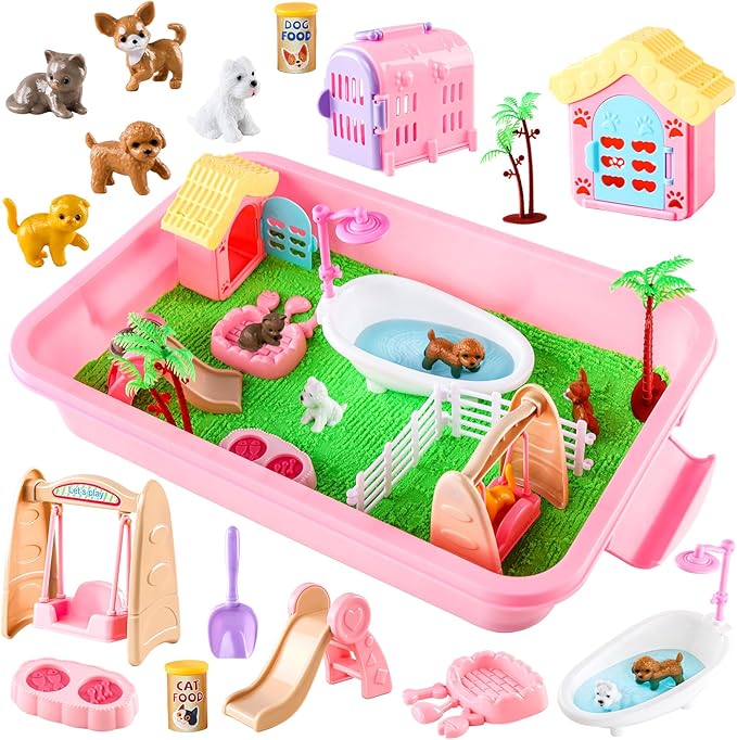 21 PCS Pet Sensory Bin, Dog & Cat Sandbox with Sand & Box, Play Sand Art Toys Kit, Pet Care Play Set, Beach Toys for Kids Ages 4-8, Birthday Gift Girls Boys 3 4 5 6 7 Years Old-PawvioPets