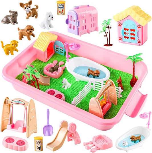 21 PCS Pet Sensory Bin, Dog & Cat Sandbox with Sand & Box, Play Sand Art Toys Kit, Pet Care Play Set, Beach Toys for Kids Ages 4-8, Birthday Gift Girls Boys 3 4 5 6 7 Years Old-PawvioPets